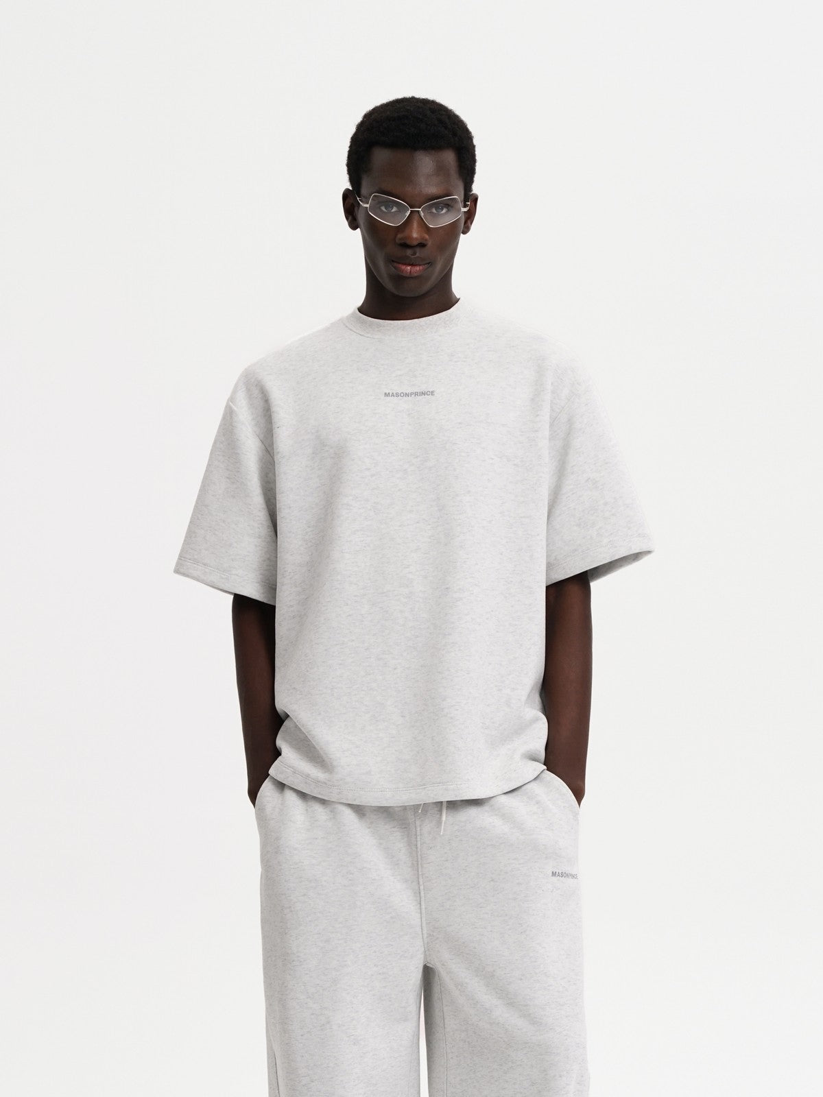MASONPRINCE Structured Cropped T Shirt in Heather Gray - On Male Model