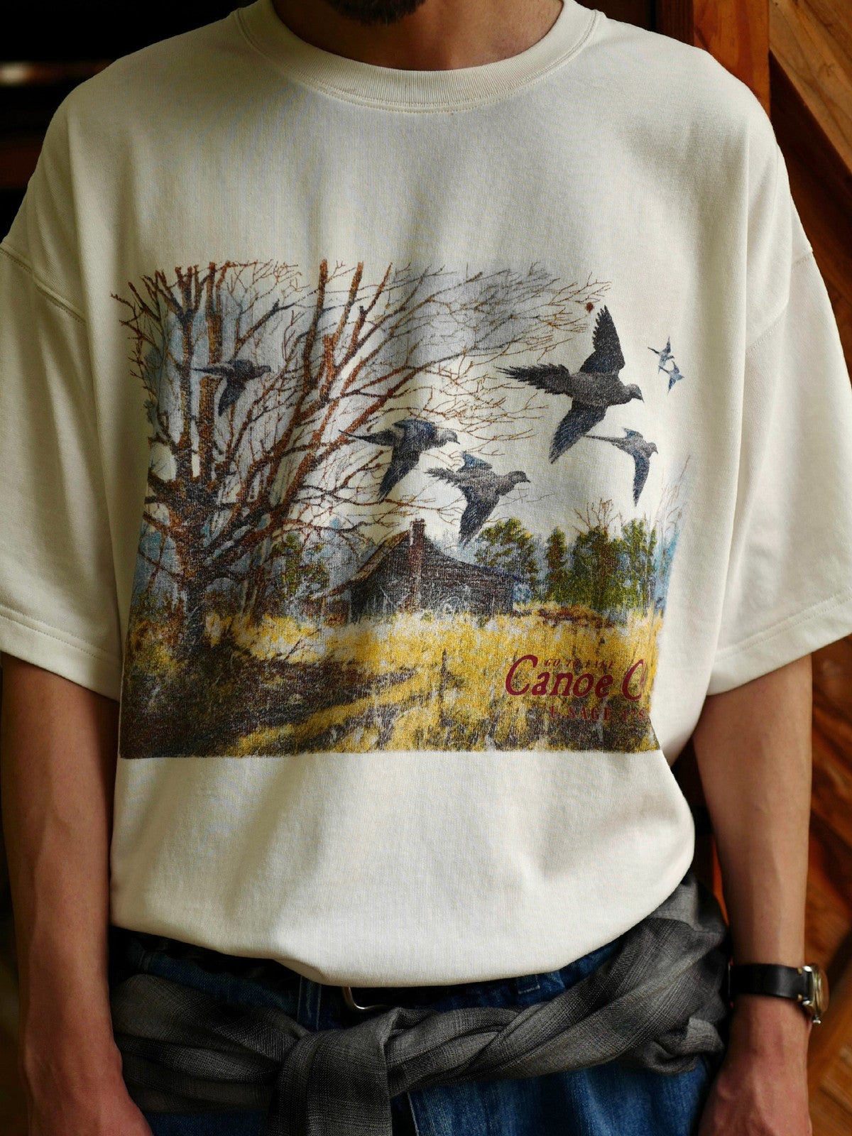 USAGE Canoe Club Graphic Cotton T Shirt in White - On Male Model