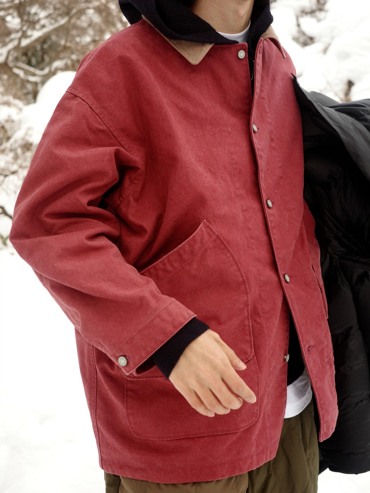 USAGE Heavyweight Canvas Hunting Jacket in Burgundy - On Male Model