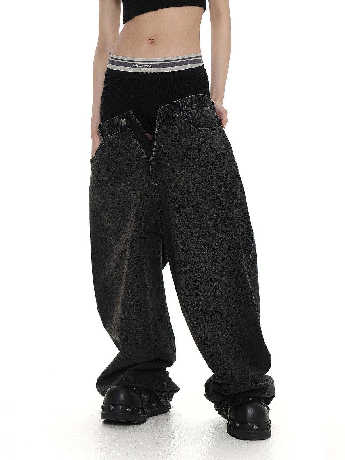 MASONPRINCE Inside Out Washed High Waisted Jeans in Gray - On Female Model