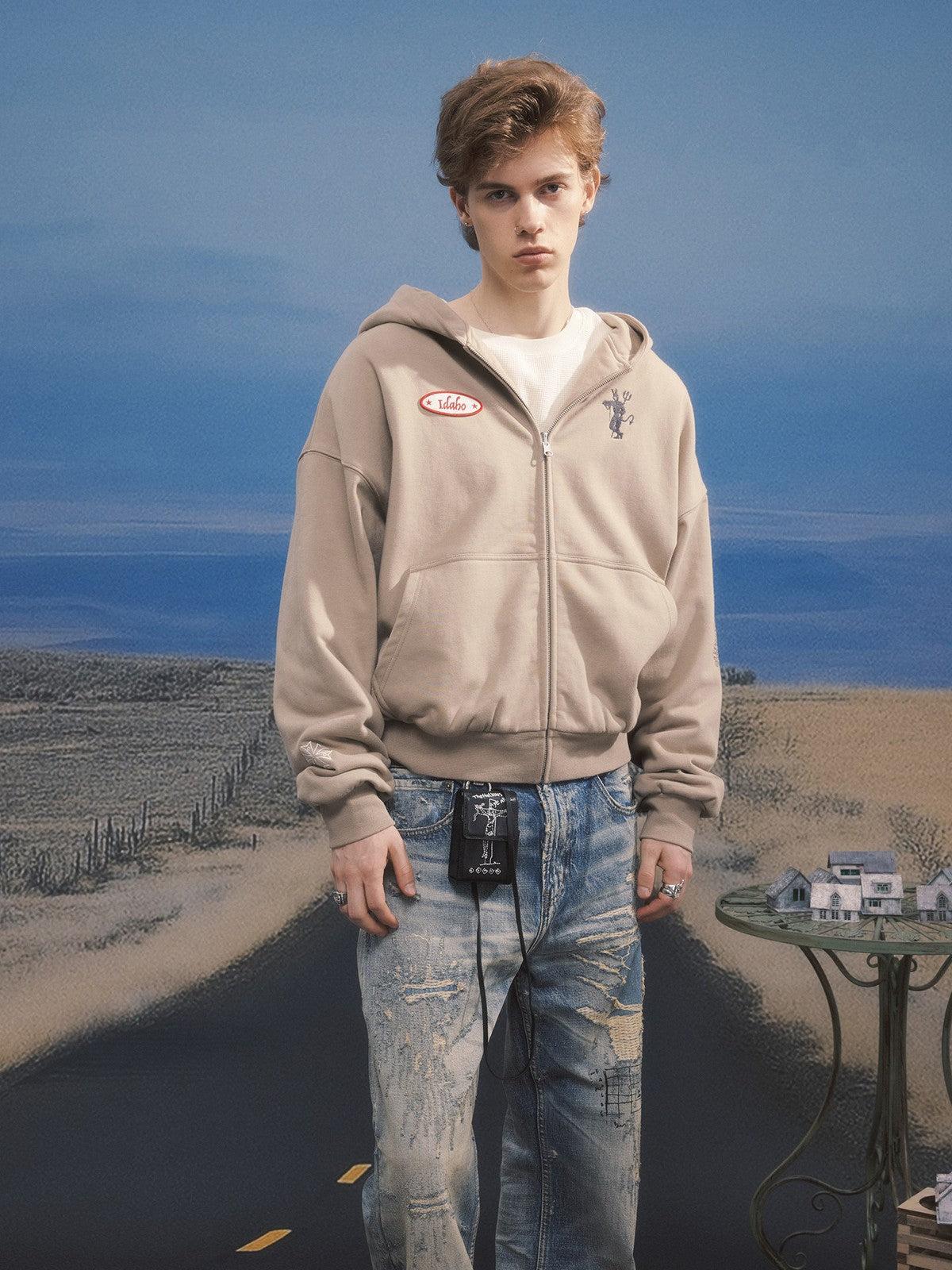 SOD Reversible Rhinestone Zip Hoodie in Beige - On Male Model