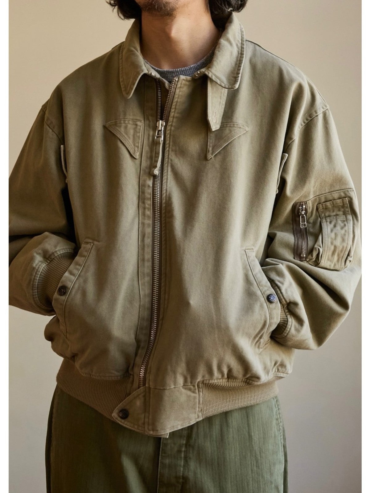 USAGE Washed Cotton Lyocell B 15 Bomber in Khaki - On Male Model