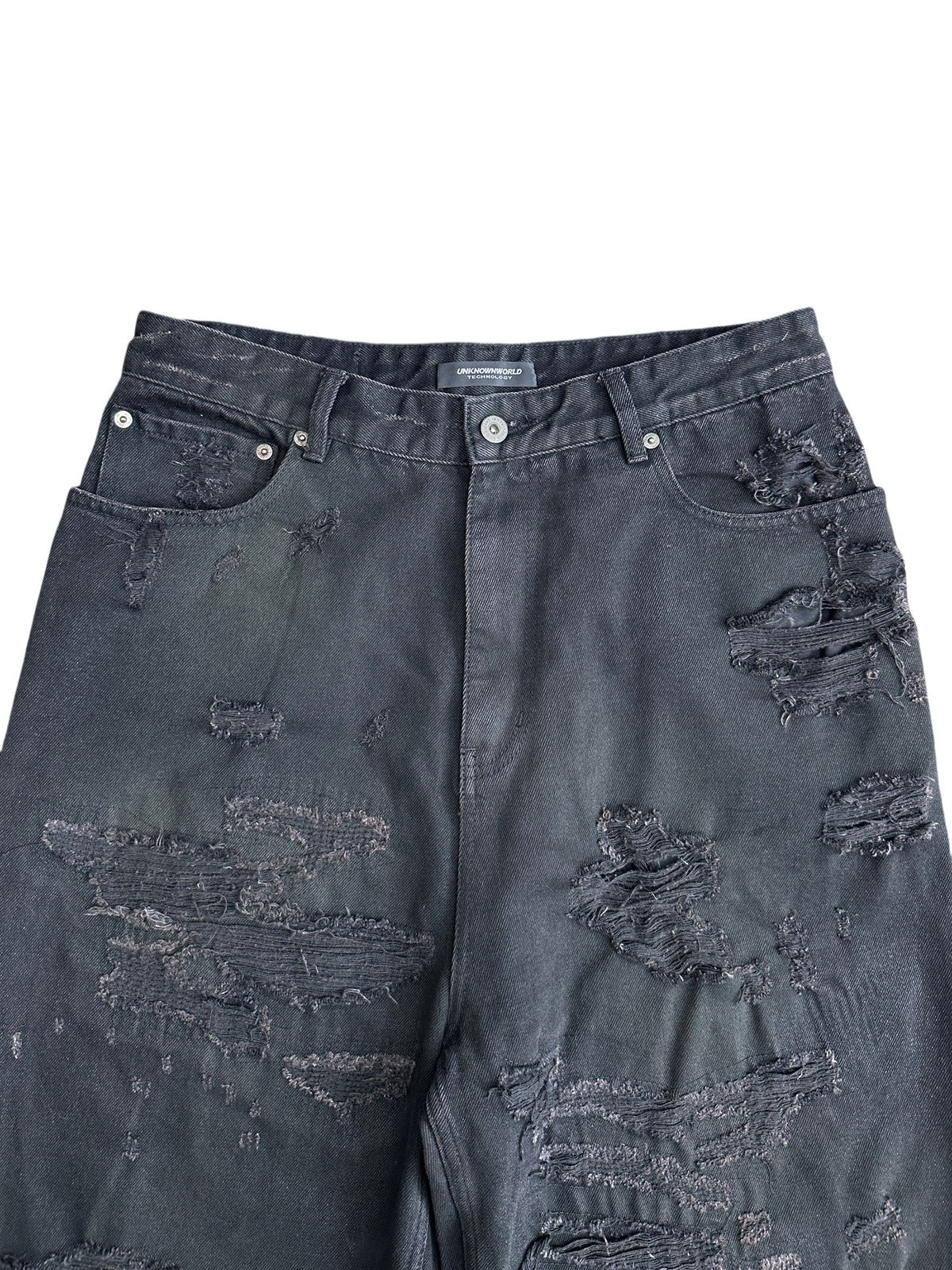 UNKNOWNWORLD Distressed Boro Mud Dyed Jeans in Black - Detail