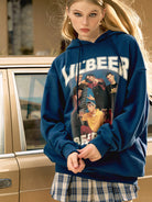 BEERBRO Retro Graphic Print Hoodie in Navy Blue - On Female Model