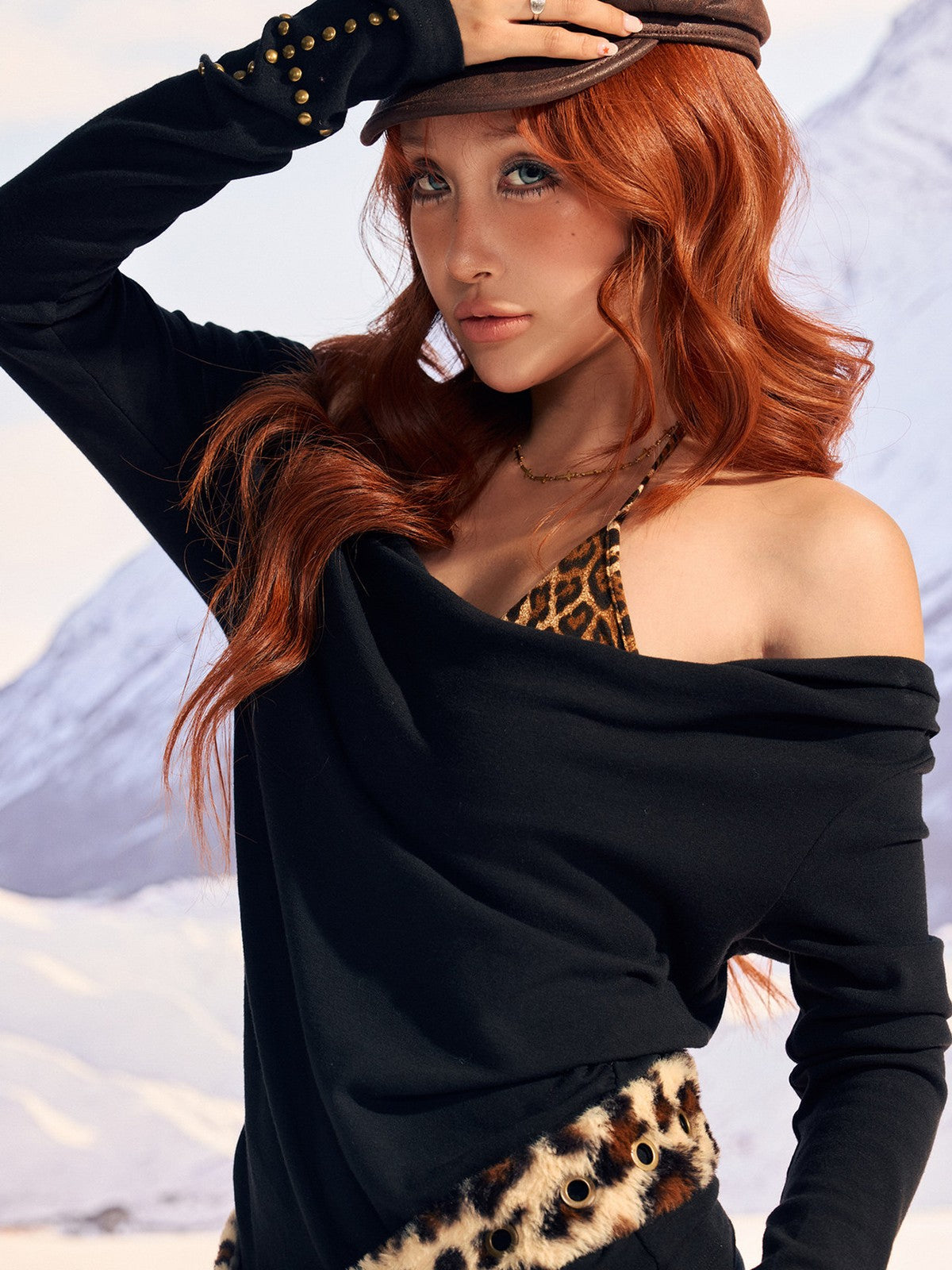 BEERBRO Cowl Neck Top Leopard Cami Set in Black - On Female Model