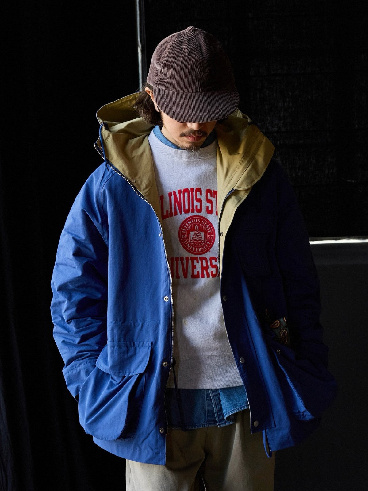 USAGE Cotton Nylon Hooded Mountain Parka in Blue - On Male Model