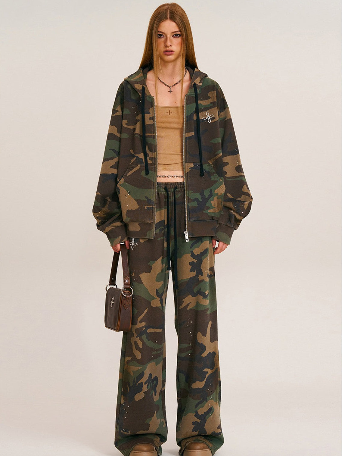 SMFK Cross Embroidered Cotton Zip Up Hoodie in Green - On Female Model