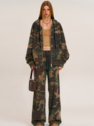 SMFK Cross Embroidered Cotton Zip Up Hoodie in Green - On Female Model