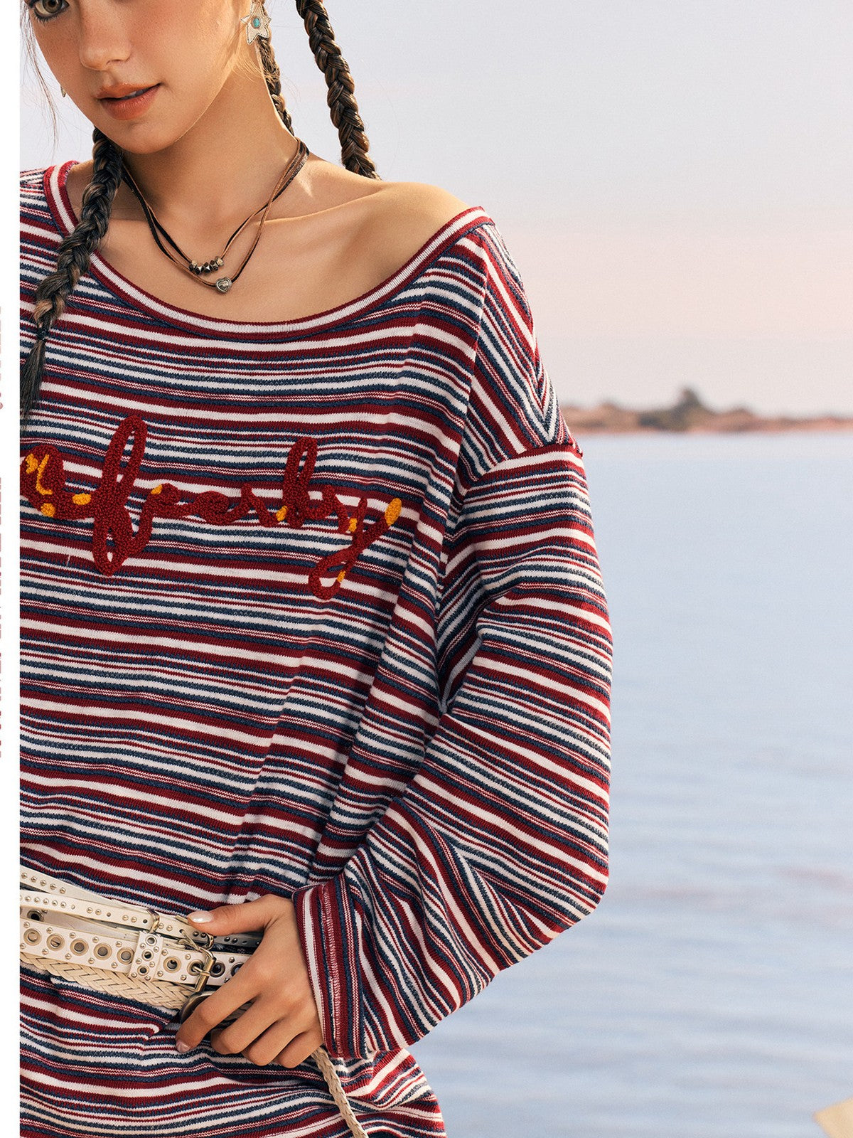 BEERBRO Striped Off Shoulder Long Sleeve Tee in Red - On Female Model
