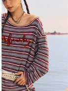 BEERBRO Striped Off Shoulder Long Sleeve Tee in Red - On Female Model