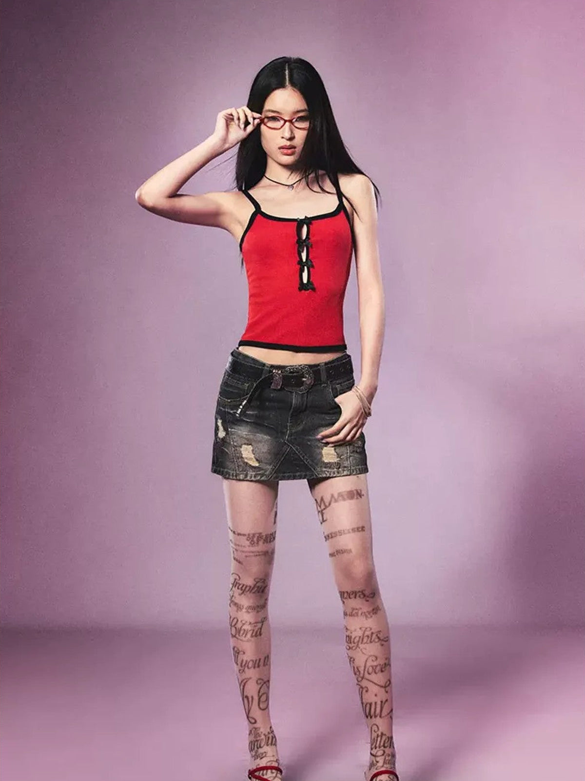 BeerBro Studded Distressed Denim Mini Skirt in Denim - On Female Model
