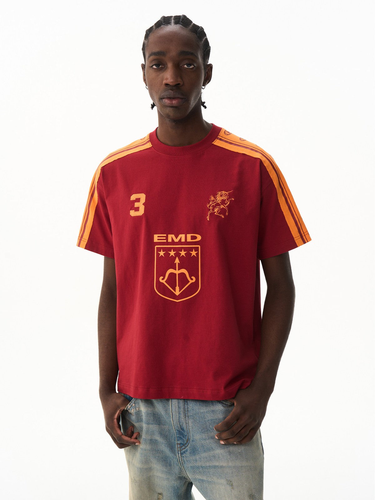 BLINDNOPLAN Retro Color Block Graphic T Shirt in Red - On Male Model