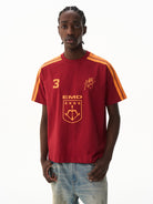 BLINDNOPLAN Retro Color Block Graphic T Shirt in Red - On Male Model
