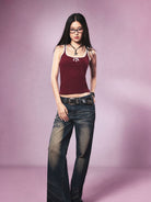 BEERBRO Contrast Trim U Neck Tank in Burgundy - On Female Model