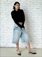 FaxCopyExpress Washed Gardener Denim Shorts in Blue - On Female Model