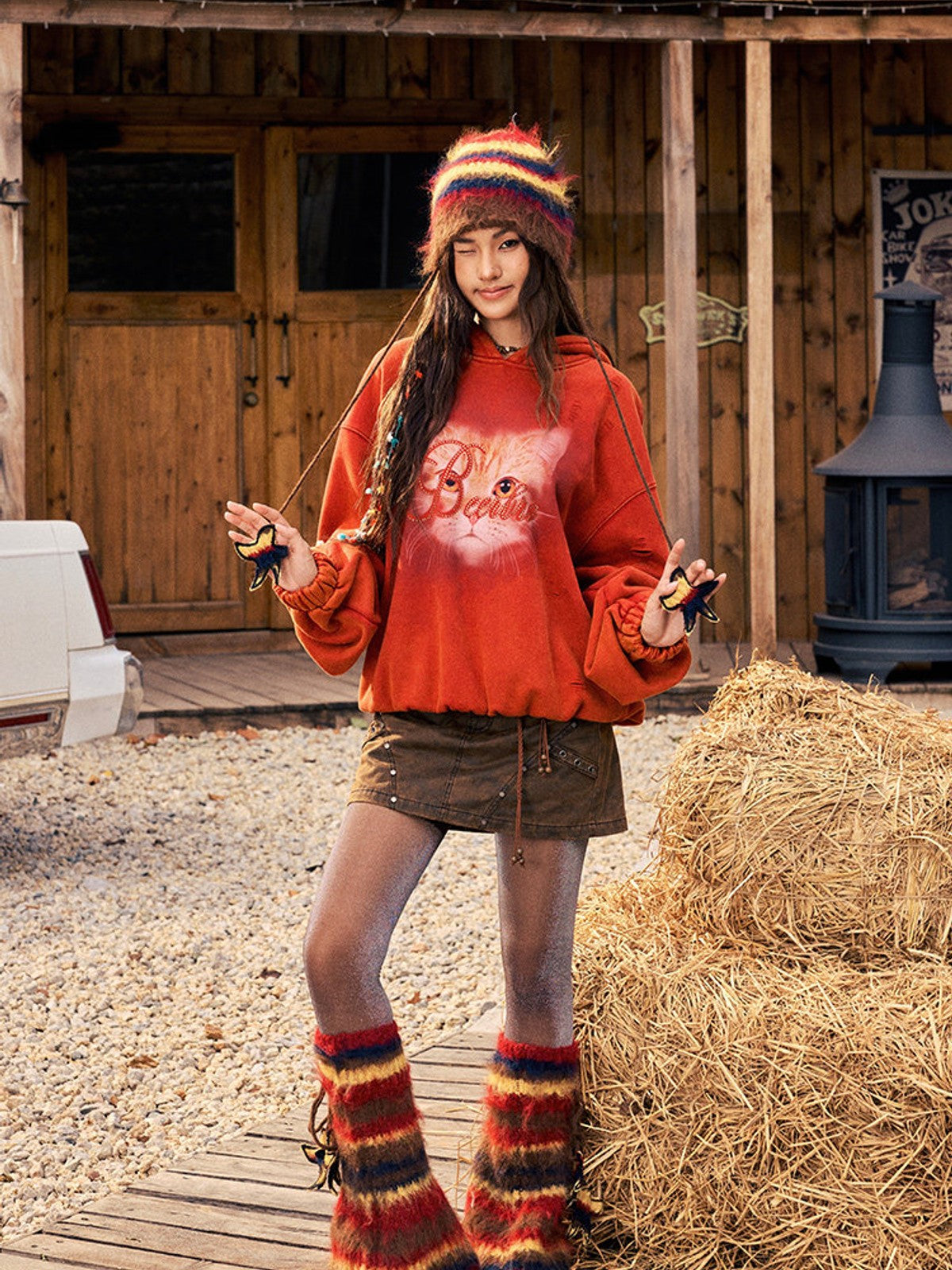 BEERBRO Distressed Cat Graphic Hoodie in Orange - On Female Model
