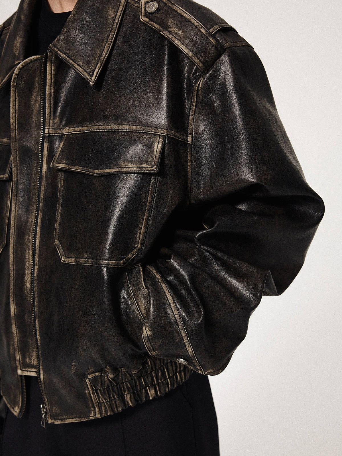 UNKNOWNWORLD Distressed Padded Eco Leather Jacket in Black - On Model