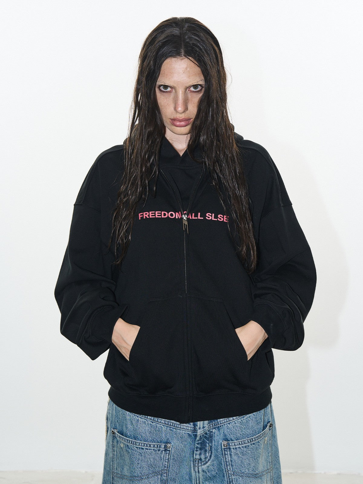 BLINDNOPLAN Faux Double Layer Paneled Hoodie in Black - On Female Model