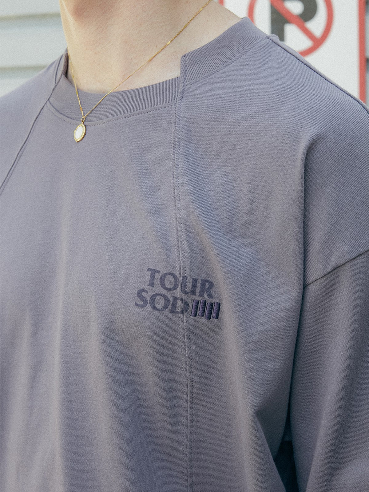 SOD Deconstructed Panel Cotton T Shirt in Purple - On Model