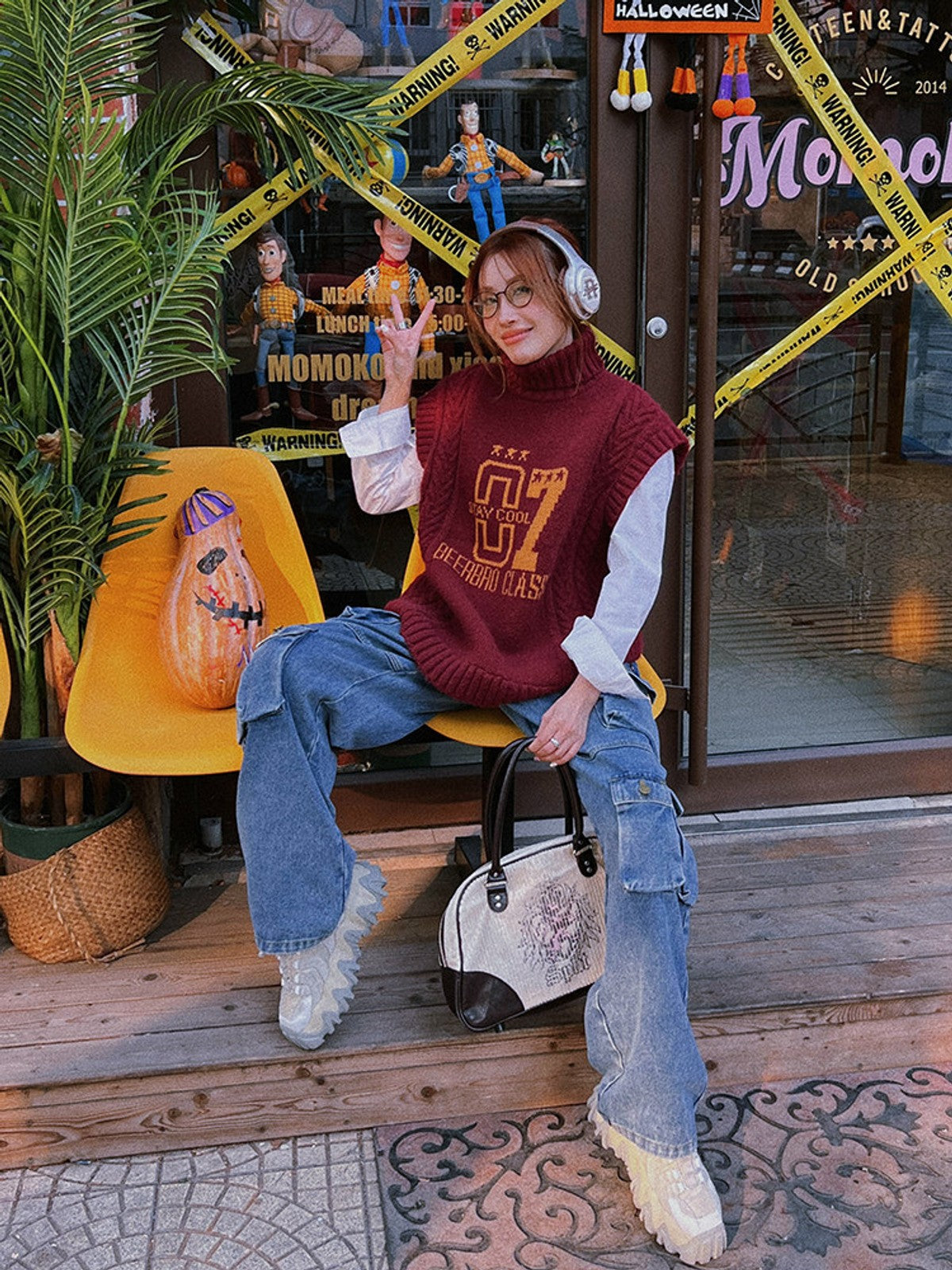 BEERBRO Graphic Cable Knit Turtleneck Vest in Burgundy - On Female Model