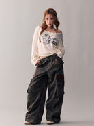 BEERBRO Leopard Print Spliced Cargo Pants in Brown - On Female Model