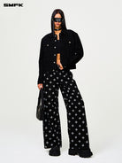 SMFK All Over Print Wide Leg Jeans in Black - On Female Model