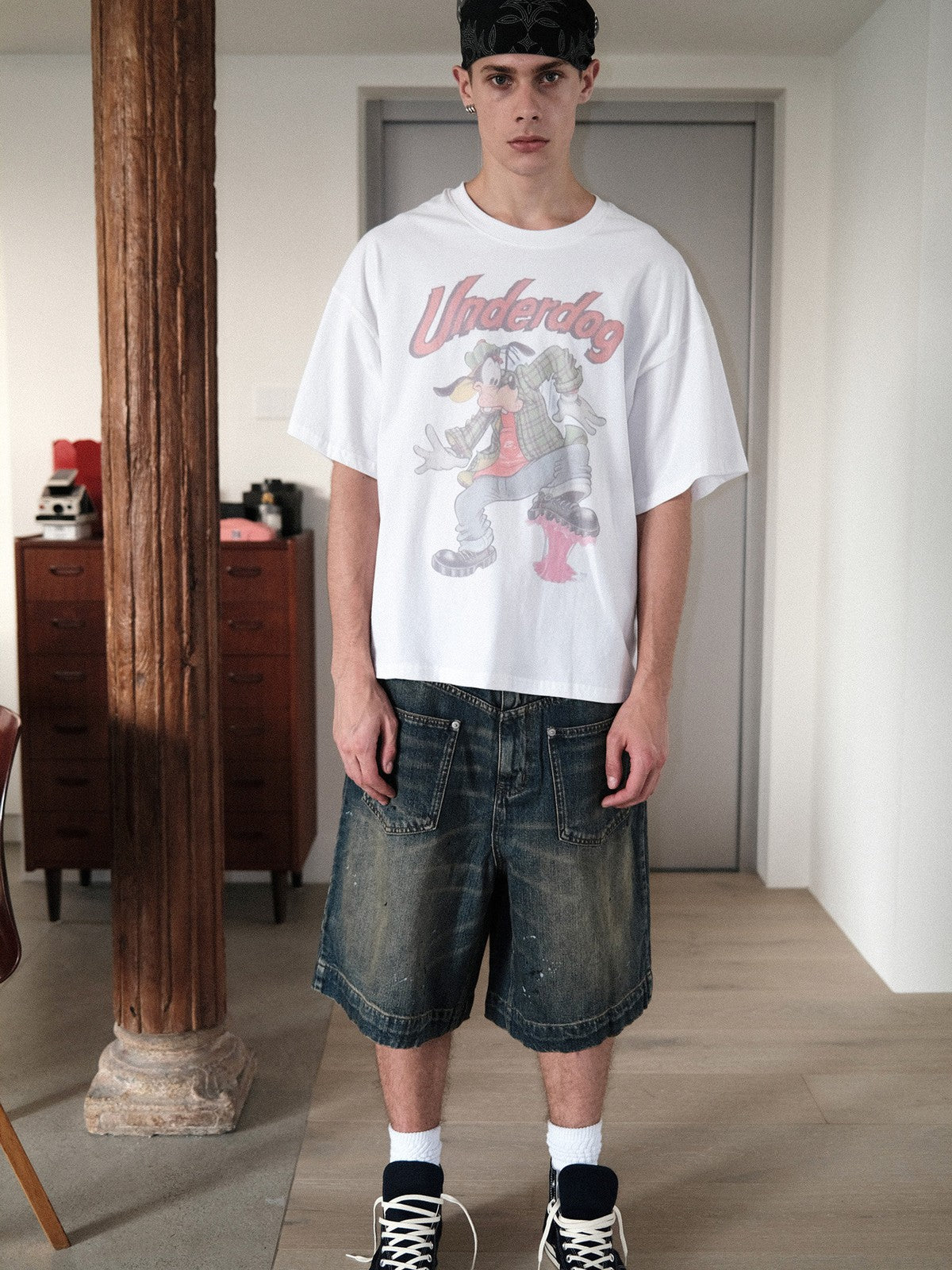 UNKNOWNWORLD Mud Dye Reverse Pocket Shorts in Yellow - On Male Model