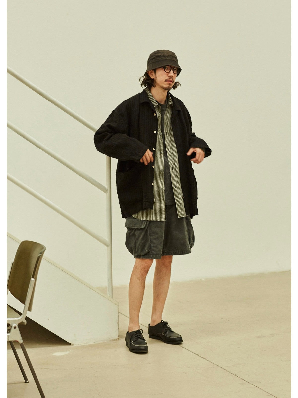 USAGE Textured Cotton Ramie Work Shirt in Black - On Male Model