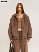 SMFK Cross Embroidered Cotton Zip Up Hoodie in Brown - On Female Model