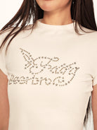 BEERBRO Studded Graphic Mock Neck Tee in White - On Female Model