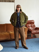 USAGE Corduroy Collar Cotton Fishing Jacket in Olive - On Male Model