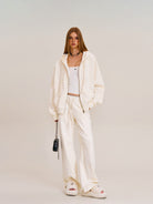 SMFK Washed Cotton Zip Up Hoodie in White - On Female Model