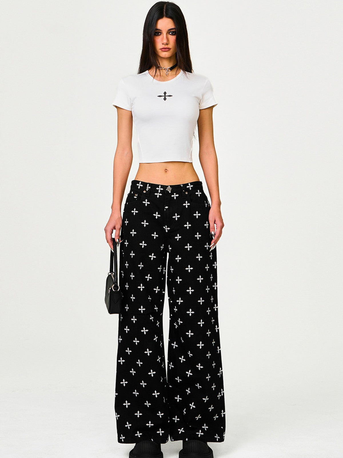 SMFK All Over Print Wide Leg Jeans in Black - On Female Model