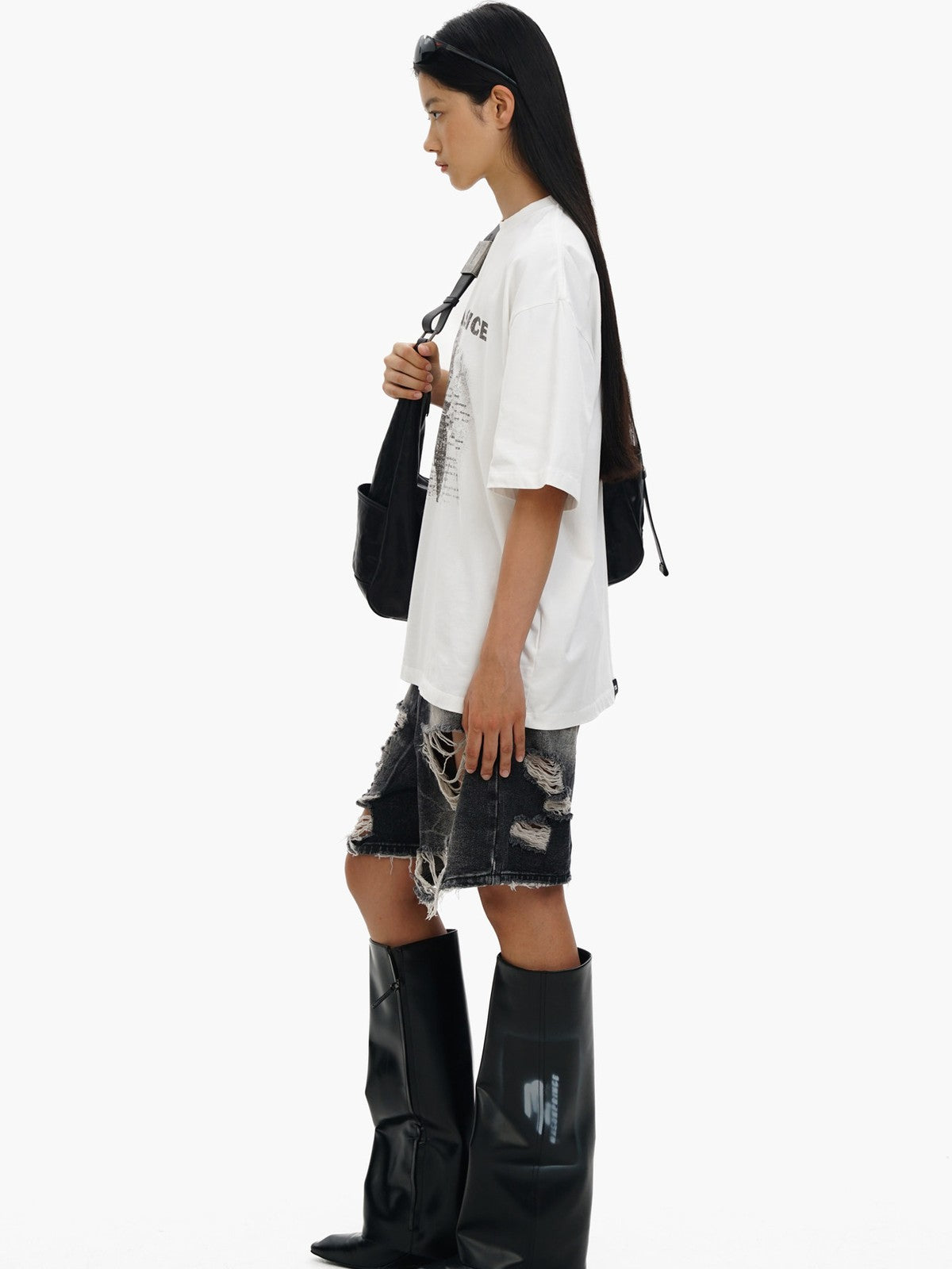 MASONPRINCE Washed Distressed Denim Shorts in Gray - On Female Model
