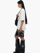 MASONPRINCE Washed Distressed Denim Shorts in Gray - On Female Model
