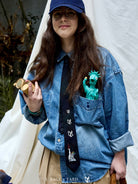 USAGE Washed Distressed Denim Shirt in Denim - On Female Model