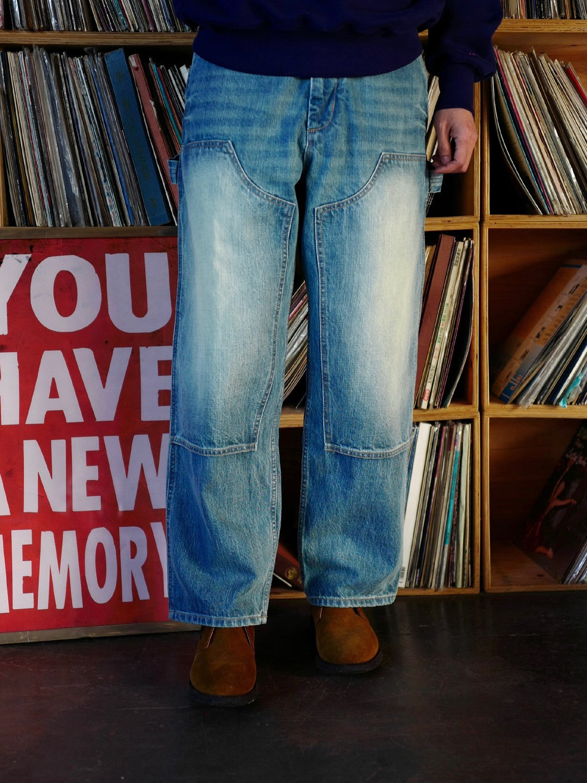 USAGE Washed Denim Double Knee Trousers in Denim - On Model