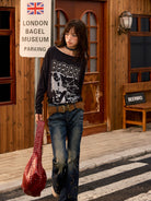 BEERBRO Studded Rhinestone Micro Flare Jeans in Navy - On Female Model