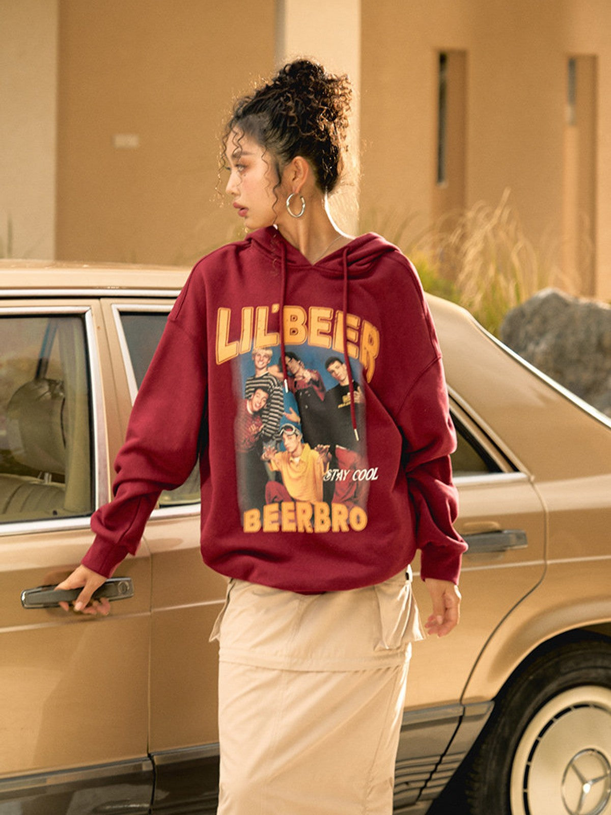 BEERBRO Retro Graphic Print Hoodie in Burgundy - On Female Model
