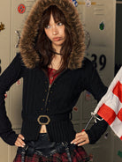 BEERBRO Faux Fur Trim Wool Cardigan in Black - On Female Model