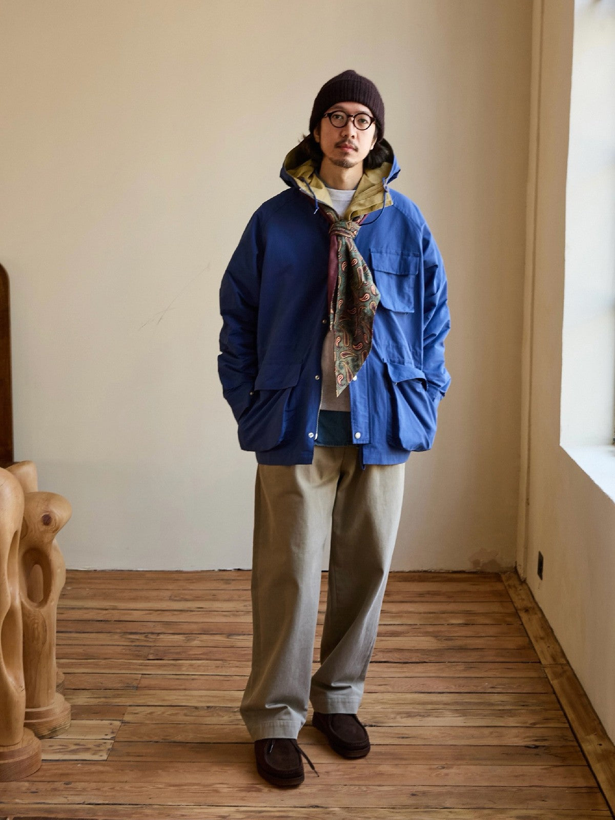 USAGE Cotton Nylon Hooded Mountain Parka in Blue - On Male Model