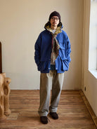 USAGE Cotton Nylon Hooded Mountain Parka in Blue - On Male Model