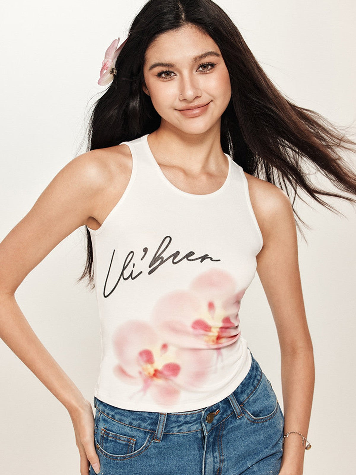 BEERBRO Orchid Graphic Knit Tank in White - On Female Model