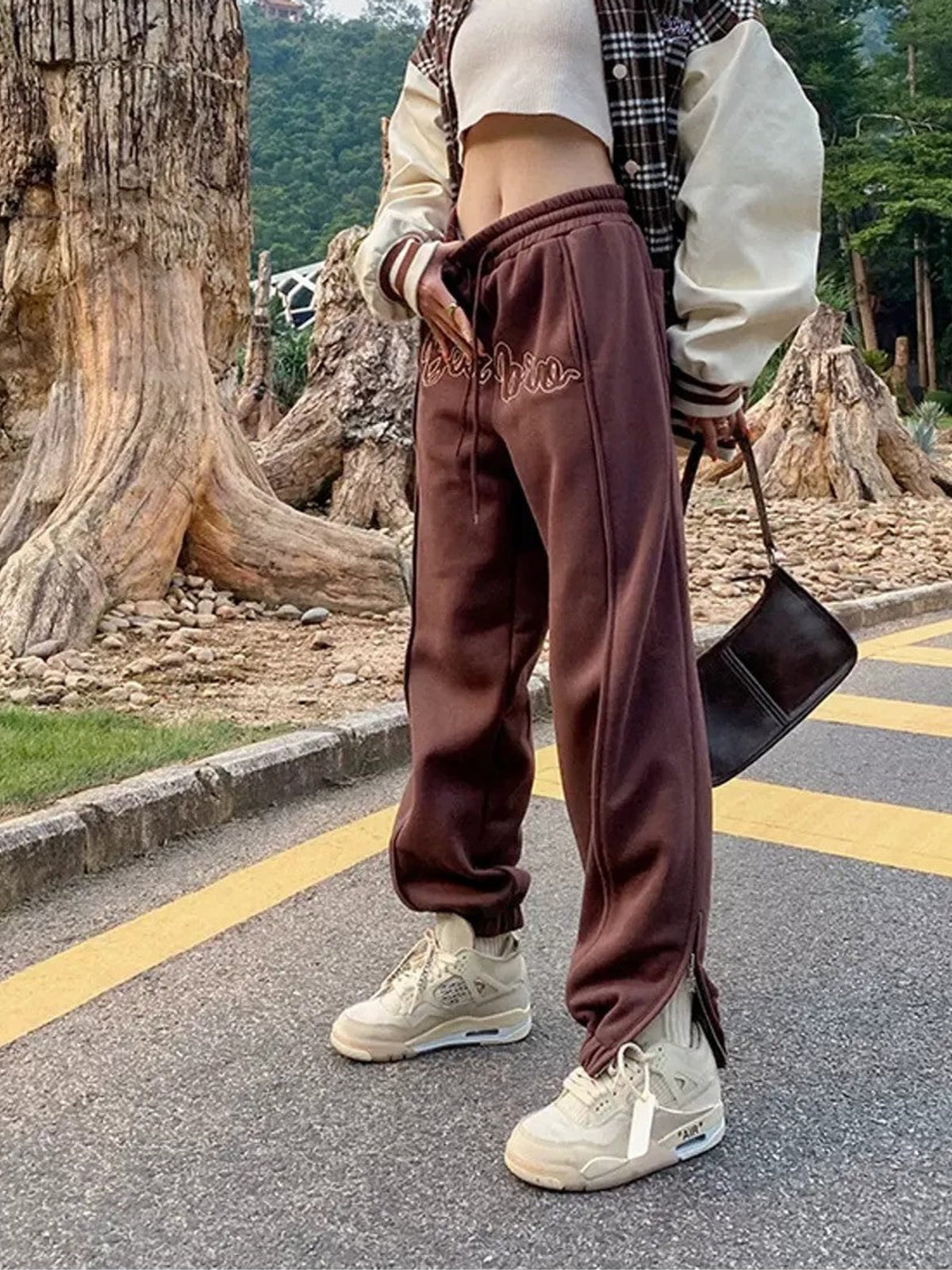 BeerBro Fleece Lined Split Hem Sweatpants in Brown - On Female Model