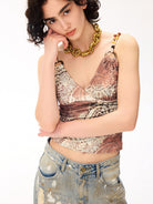 BEERBRO Beaded Strap Printed Camisole in Khaki - On Female Model