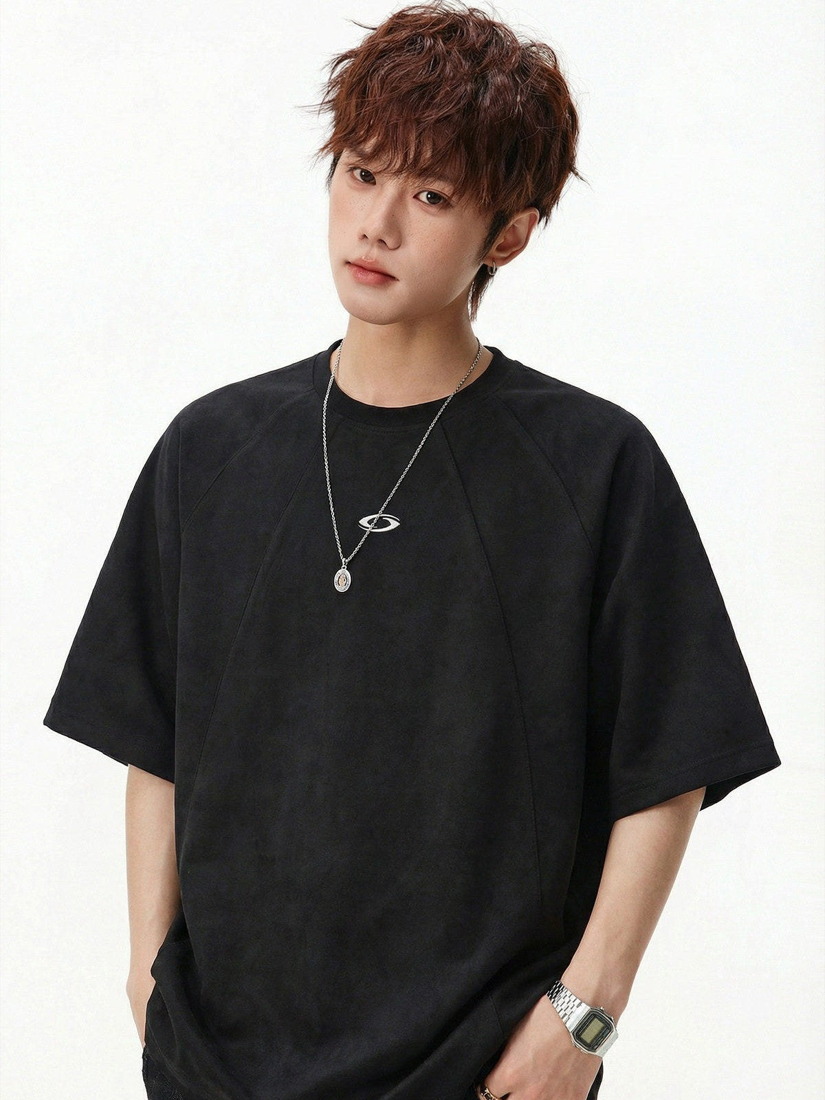 MASONPRINCE Faux Suede Embroidered T Shirt in Black - On Male Model