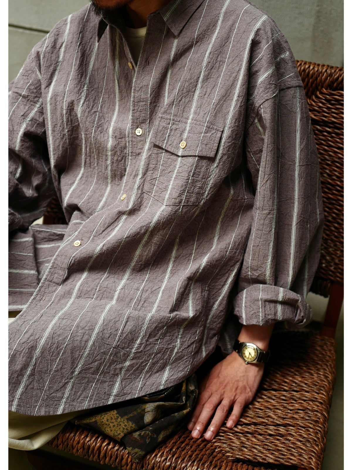 USAGE Crinkled Cotton Striped Button Down in Gray - On Male Model