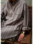 USAGE Crinkled Cotton Striped Button Down in Gray - On Male Model