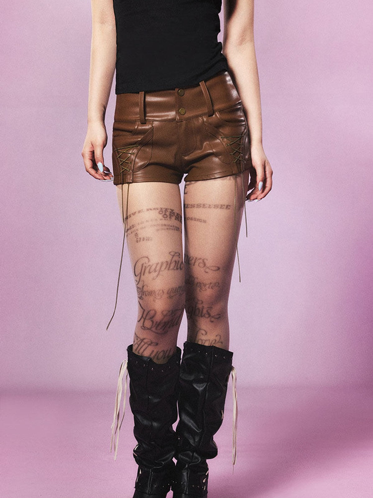 BEERBRO Lace Up Faux Leather Hot Pants in Brown - On Female Model