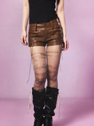 BEERBRO Lace Up Faux Leather Hot Pants in Brown - On Female Model